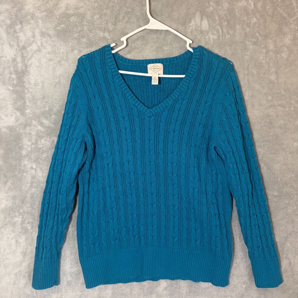 St. John's Bay Women's 1X Teal Blue Cable Knit V Neck Sweater Cozy